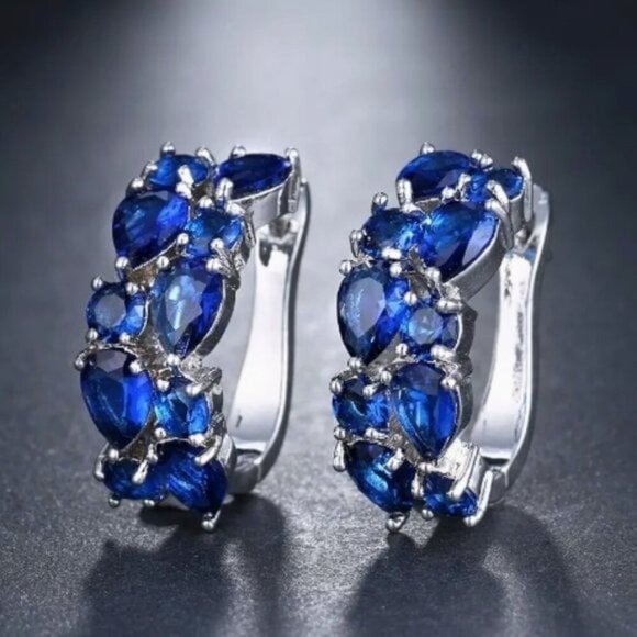 14k White Gold Plated Blue Diamond Hoop Earrings - Picture 1 of 5